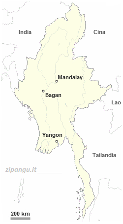 Mappa delle principali destinazioni turistiche della Birmania