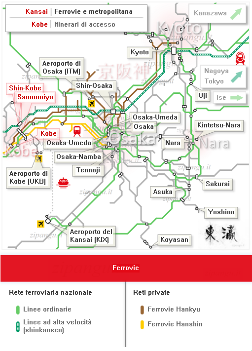 Mappa schematica delle linee ferroviarie della rete nazionale e delle reti private tra Kobe, Kyoto, Osaka e Nara