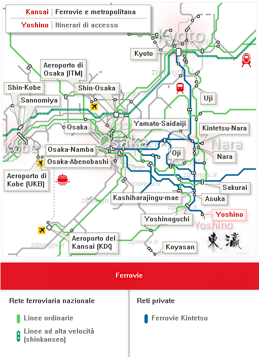 Mappa schematica delle linee ferroviarie della rete nazionale e delle reti private tra Kyoto, Nara, Osaka, Kobe e Yoshinoyama
