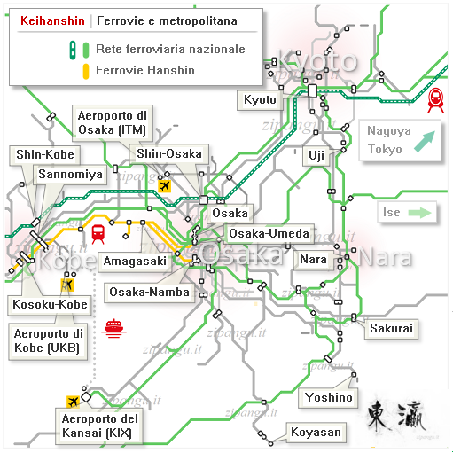 Giappone: Keihanshin; mappa schematica delle linee ferroviarie della rete Hanshin Mappa schematica delle linee ferroviarie della rete Hanshin tra Osaka e Kobe