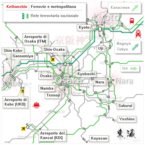 Mappa schematica delle linee ferroviarie della rete nazionale tra Kyoto, Nara, Osaka e Kobe