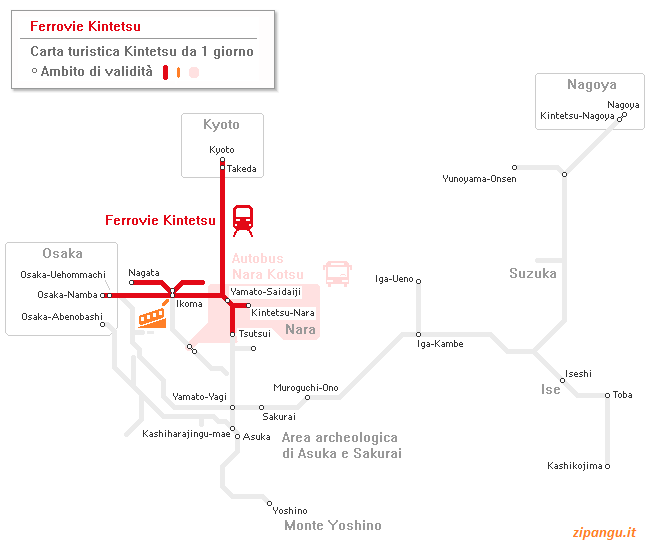 Carta turistica KRP da 1 giorno (Ferrovie Kintetsu): ambito di validità; linee ferroviarie e stazioni principali