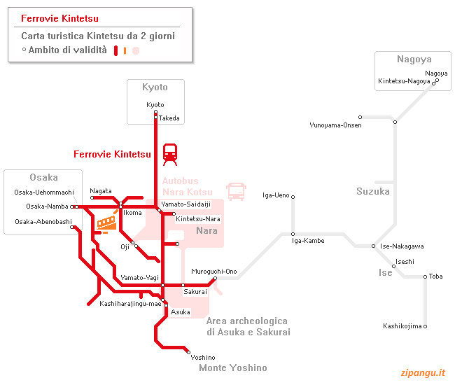 Carta turistica KRP da 2 giorni (Ferrovie Kintetsu): ambito di validità; linee ferroviarie e stazioni principali