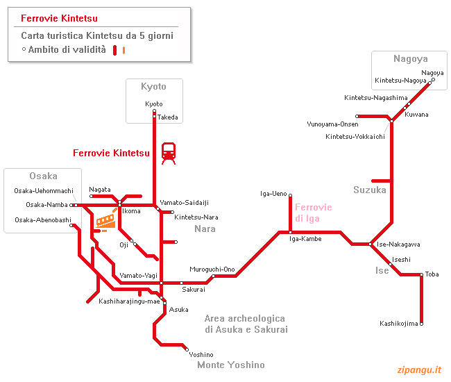 Carta turistica KRP da 5 giorni in versione ordinaria (Ferrovie Kintetsu): ambito di validità; linee ferroviarie e stazioni principali