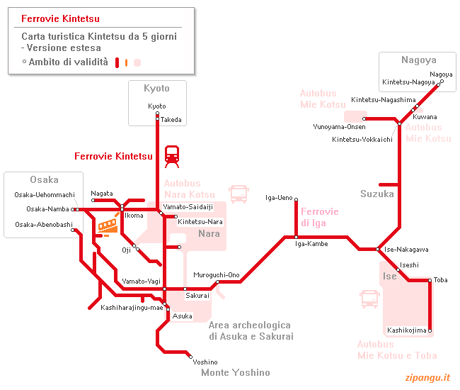 Carta turistica KRP da 5 giorni in versione estesa (Ferrovie Kintetsu): ambito di validità; linee ferroviarie e stazioni principali