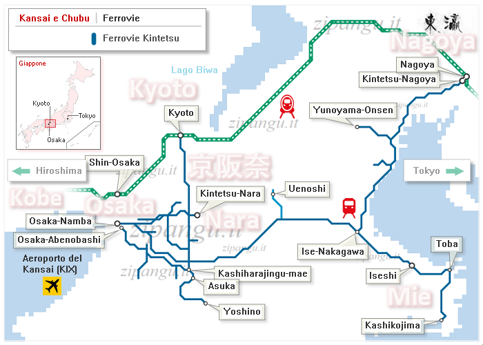 Mappa schematica delle linee ferroviarie della società Kintetsu nel Giappone centrale (Kansai e Chubu)