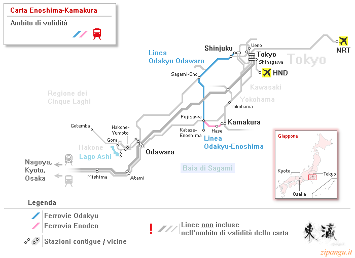 Giappone: mappa dell'ambito di validità della Carta Enoshima-Kamakura (Ferrovie Odakyu); linee ferroviarie e stazioni principali