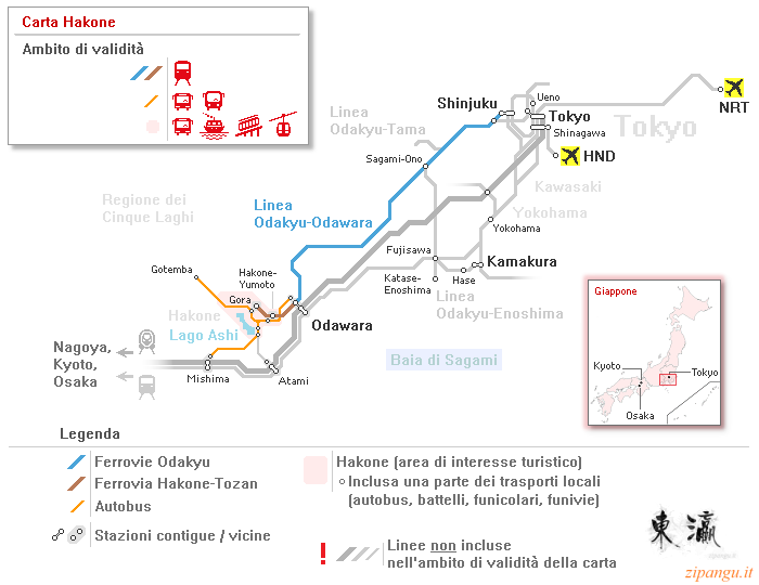 Giappone: mappa dell'ambito di validità della Carta Hakone (Ferrovie Odakyu); linee ferroviarie e stazioni principali