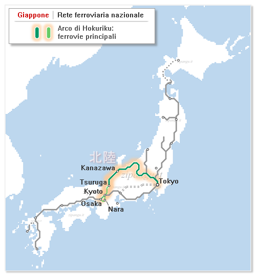Giappone: mappa schematica delle ferrovie principali lungo l'Arco di Hokuriku; linee tra Tokyo, Kanazawa, Kyoto e Osaka