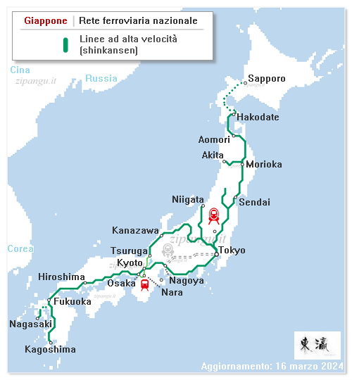Giappone: shinkansen (linee ad alta velocità), mappa della rete