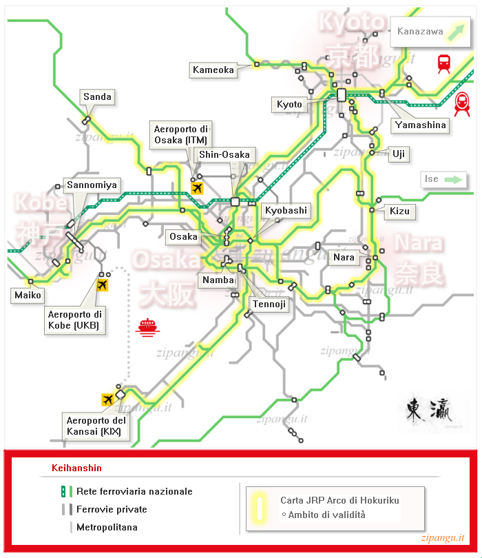 Carta JRP Arco di Hokuriku: ambito di validità nella regione del Keihanshin (tra Kyoto, Nara, Osaka e Kobe); linee ferroviarie e stazioni principali