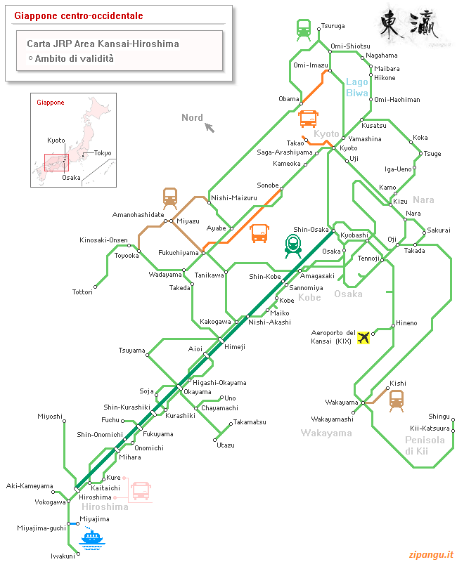 Carta JRP Area Kansai-Hiroshima: ambito di validità. Questa carta offre ottime possibilità di risparmio a chi viaggia tra Kyoto, Osaka e Miyajima