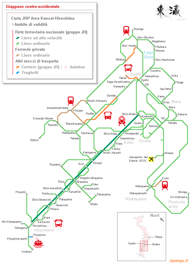 Carta JRP Area Kansai-Hiroshima (JR Kansai-Hiroshima Area Pass): ambito di validità; linee ferroviarie, linee automobilistiche, traghetti