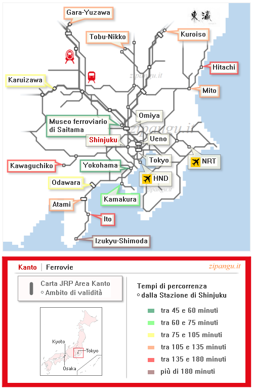 Carta JRP Area Kanto (Tokyo Wide Pass): ambito di validità; linee ferroviarie e stazioni principali; tempi di percorrenza da Shinjuku
