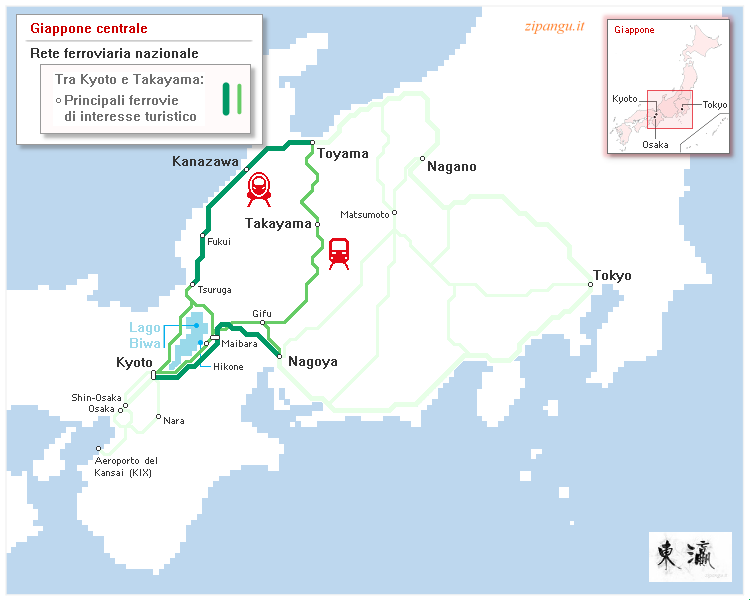 Giappone: mappa schematica delle principali ferrovie di interesse turistico tra Takayama e Kyoto