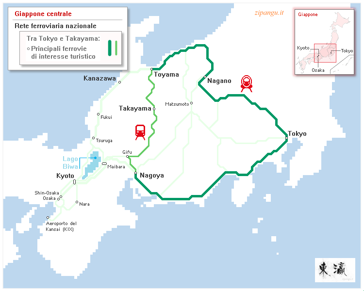 Giappone: mappa schematica delle principali ferrovie di interesse turistico tra Tokyo e Takayama