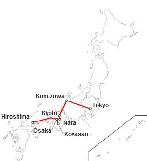 Mappa dell'itinerario classico di 15 giorni in Giappone: Tokyo, Kanazawa, Kyoto, Nara, Osaka, Koyasan, Hiroshima