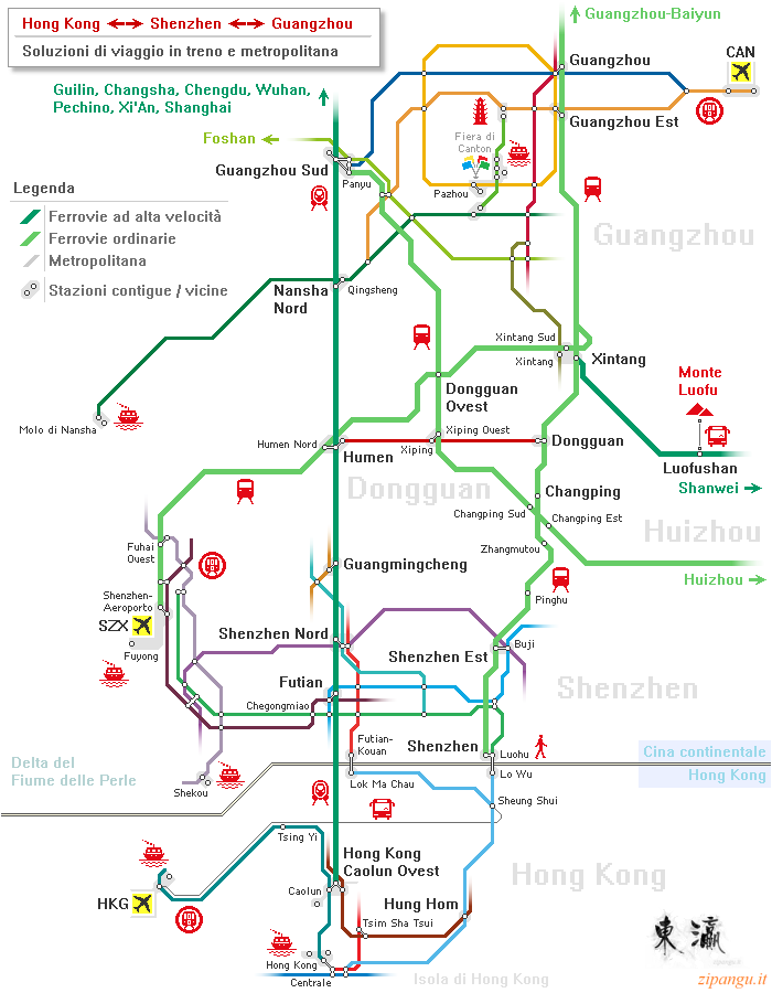 Cina: mappa schematica delle ferrovie che collegano Hong Kong, Shenzhen e Guangzhou