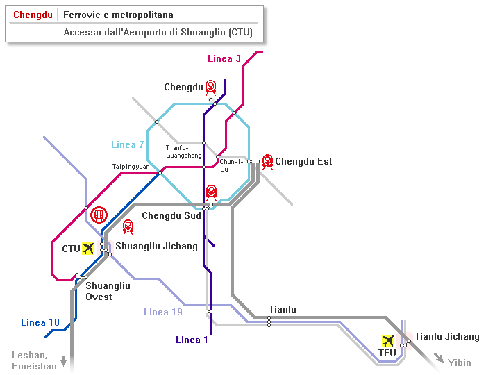 Chengdu: mappa delle principali linee della rete ferroviaria e della metropolitana. Accesso dall'Aeroporto di Chengdu-Shuangliu (CTU)