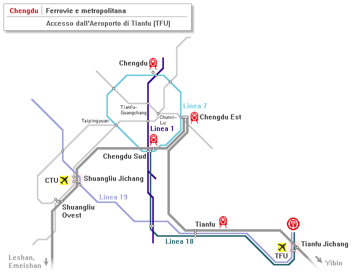 Chengdu: mappa delle principali linee della rete ferroviaria e della metropolitana. Accesso dall'Aeroporto di Chengdu-Tianfu (TFU)