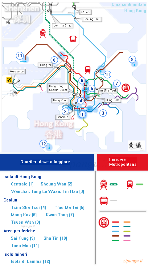 Dove dormire a Hong Kong: metropolitana, mappa schematica; principali quartieri dove conviene alloggiare