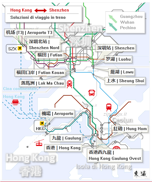 Cina: mappa schematica dei collegamenti ferroviari tra Hong Kong e Shenzhen