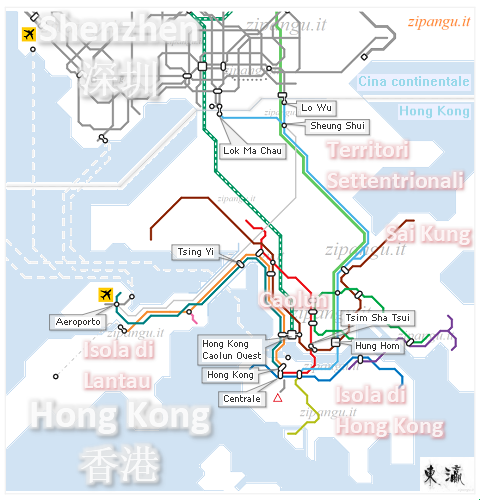 Cina: Hong Kong Come muoversi a Hong Kong: metropolitana; mappa schematica