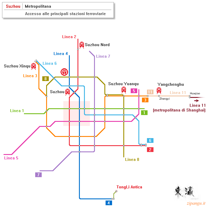 Suzhou: mappa schematica della metropolitana; linee principali; accesso alle stazioni ferroviarie