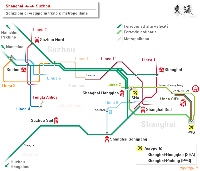 Cina: mappa schematica delle ferrovie che collegano Shanghai e Suzhou