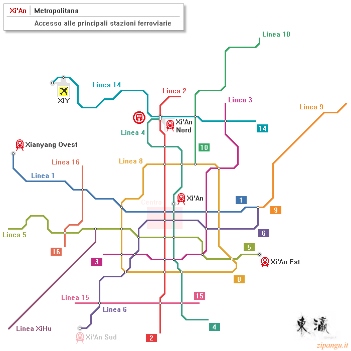 Xi'An: mappa schematica della metropolitana; linee principali; accesso alle stazioni ferroviarie