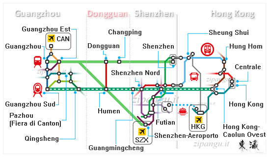Soluzioni di viaggio in treno tra Hong Kong, Shenzhen, Dongguan e Guangzhou: diagramma delle linee ferroviarie principali; stazioni a Dongguan