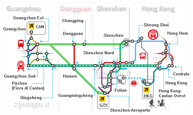 Cina: diagramma delle principali linee ferroviarie tra Hong Kong, Shenzhen, Dongguan e Guangzhou; stazioni ferroviarie di Dongguan
