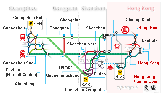 Soluzioni di viaggio in treno tra Hong Kong, Shenzhen e Guangzhou: diagramma delle linee ferroviarie principali; stazioni a Hong Kong