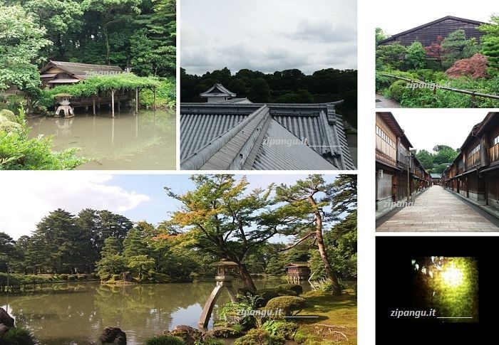 Kanazawa: una casa da tè nel Giardino Kenroku-En, il tetto bianco del Castello di Kanazawa, una casa in legno storica, una veduta famosa del Kenroku-En e il Museo delle Foglie d'Oro