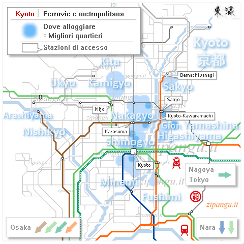 Kyoto; dove pernottare; mappa schematica delle ferrovie e stazioni di accesso principali; migliori quartieri dove trovare alloggio