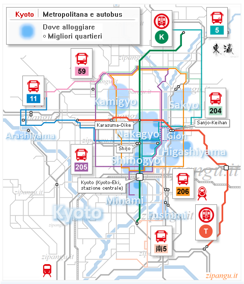 Kyoto, dove dormire: mappa dei migliori quartieri dove alloggiare; linee di trasporto più utili al visitatore