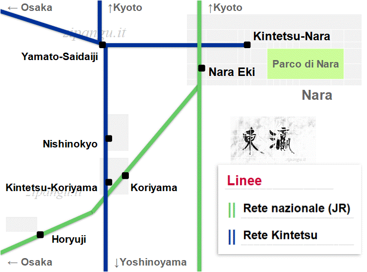Nara: mappa delle reti ferroviarie JR e Kintetsu tra il centro e Ikaruga