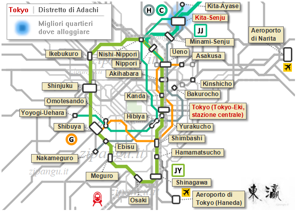 Tokyo; dove alloggiare ad Adachi: mappa schematica dei collegamenti ferroviari