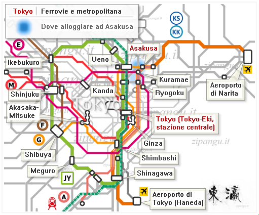Tokyo; dove alloggiare ad Asakusa: mappa schematica dei collegamenti ferroviari