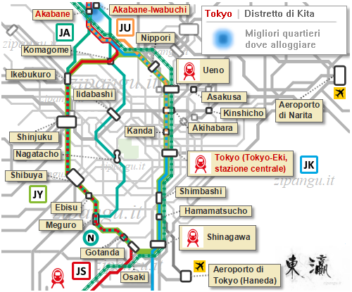 Tokyo; dove alloggiare a Kita: mappa schematica dei collegamenti ferroviari
