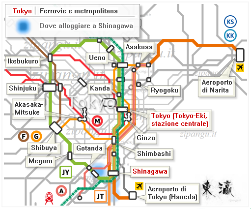 Tokyo; dove alloggiare a Shinagawa: mappa schematica dei collegamenti ferroviari