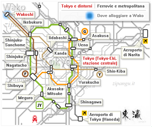 Tokyo e dintorni: mappa schematica dei principali collegamenti tra Wako-shi e il centro di Tokyo Tokyo e dintorni; dove alloggiare nella città di Wako: mappa schematica dei collegamenti ferroviari