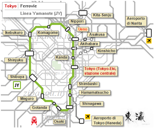 Tokyo: mappa schematica della Linea Yamanote; localizzazione della Stazione di Ueno Tokyo: mappa schematica della Linea Yamanote; localizzazione della Stazione di Ueno