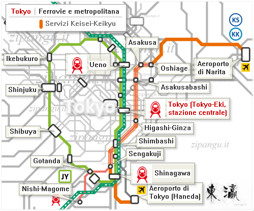 Tokyo: mappa schematica della Linea Asakusa; Linea Yamanote; servizi Keisei-Keikyu tra l'Aeroporto di Haneda e l'Aeroporto di Narita