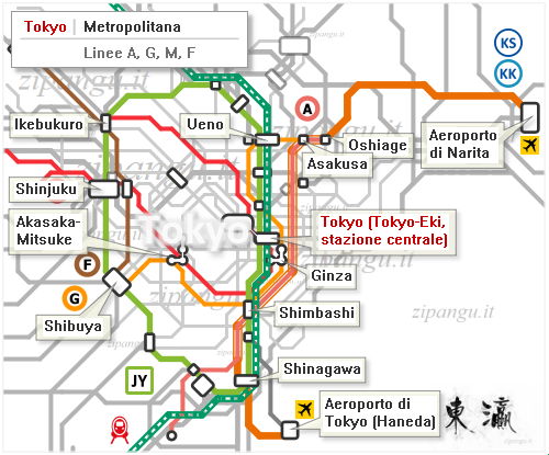 Tokyo; itinerari lungo le linee della metropolitana: mappa schematica delle linee Asakusa-sen, Ginza-sen, Marunouchi-sen e Fukutoshin-sen