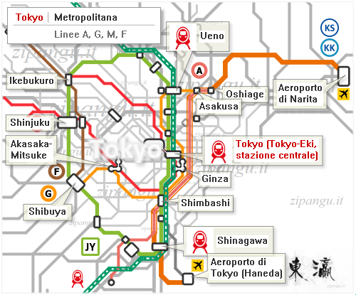 Tokyo: mappa schematica delle linee Yamanote, Asakusa, Ginza, Marunouchi e Fukutoshin