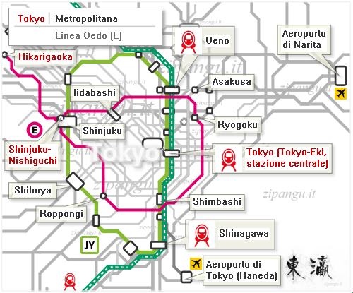 Tokyo: mappa schematica della Linea Oedo; Linea Yamanote