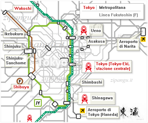 Tokyo: mappa schematica della Linea Fukutoshin; Linea Yamanote