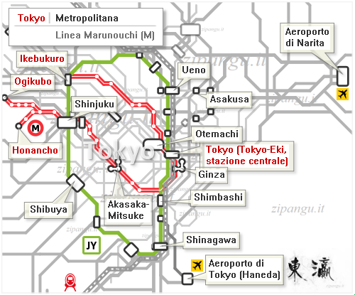 Tokyo: mappa schematica della Linea Marunouchi; Linea Yamanote
