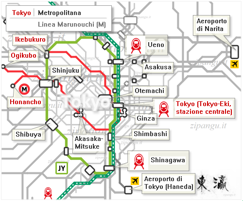 Tokyo: mappa schematica della Linea Marunouchi; Linea Yamanote